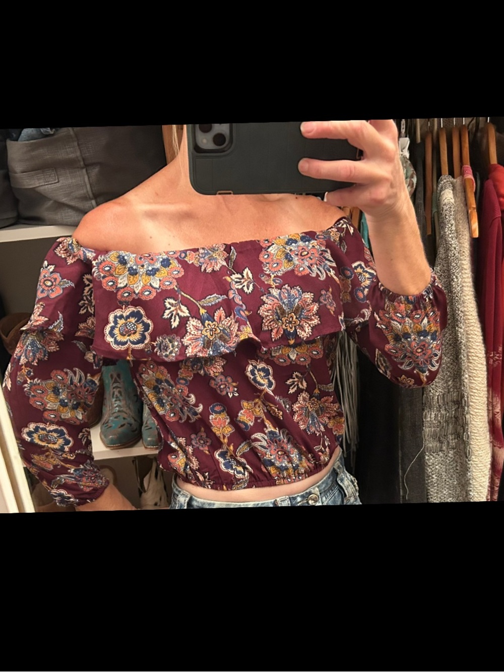 Floral Off-Shoulder Ruffle Crop Top - Burgundy